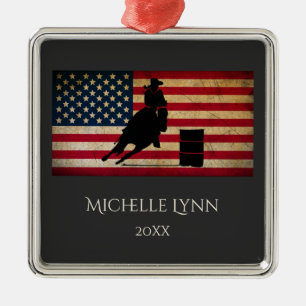 Personalized Barrel Racer American Flag Horse Metal Ornament