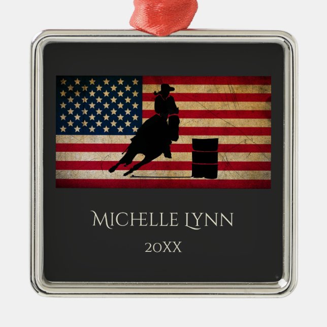 Personalized Barrel Racer American Flag Horse Metal Ornament (Front)
