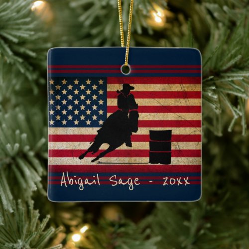 Personalized Barrel Racing American Flag Horse Ceramic Ornament