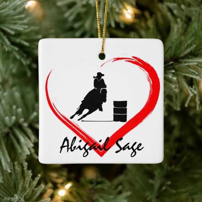 Personalized Barrel Racing Horse n Heart Christmas Ceramic Ornament (Tree)