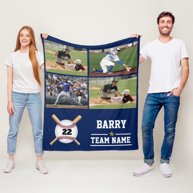 Personalized Baseball 4 Photo Collage Name Team Fl Fleece Blanket (In Situ)