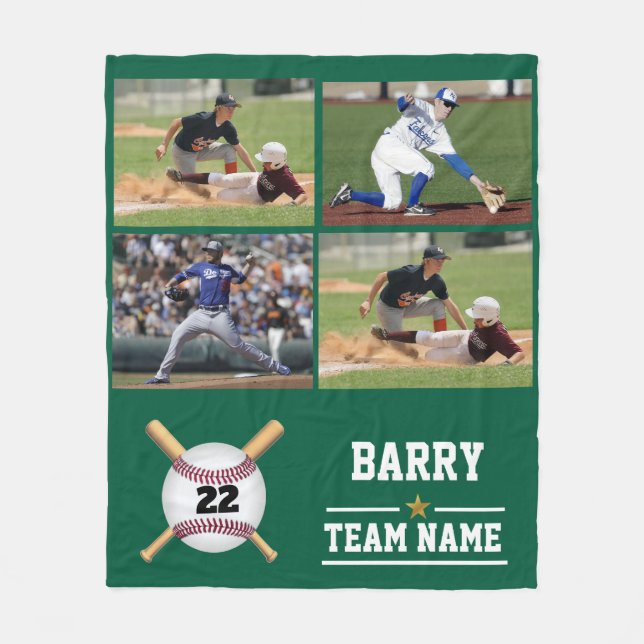 Personalized Baseball 4 Photo Collage Name Team Fleece Blanket (Front)