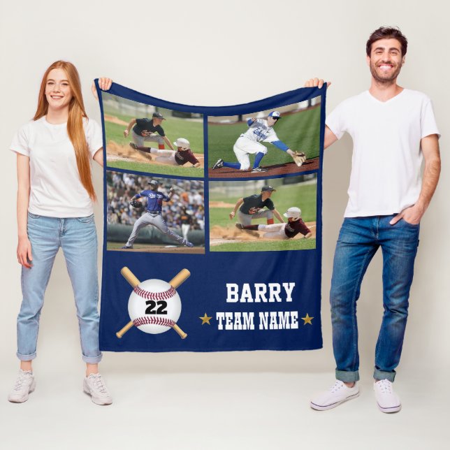 Personalized Baseball 4 Photo Collage Name Team Fleece Blanket (In Situ)