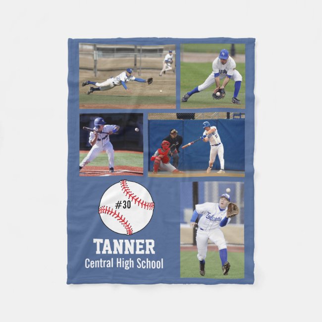 Personalized Baseball 5 Photo Collage Name Team # Fleece Blanket