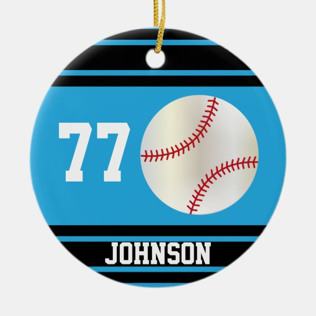 Personalized Baseball | Baby Blue and Black Ceramic Ornament (Front)