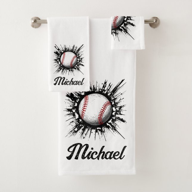 Personalized Baseball Ball Breaking Through Wall   Bath Towel Set (Insitu)