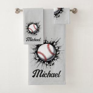 Personalized Baseball Ball Breaking Through Wall Bath Towel Set
