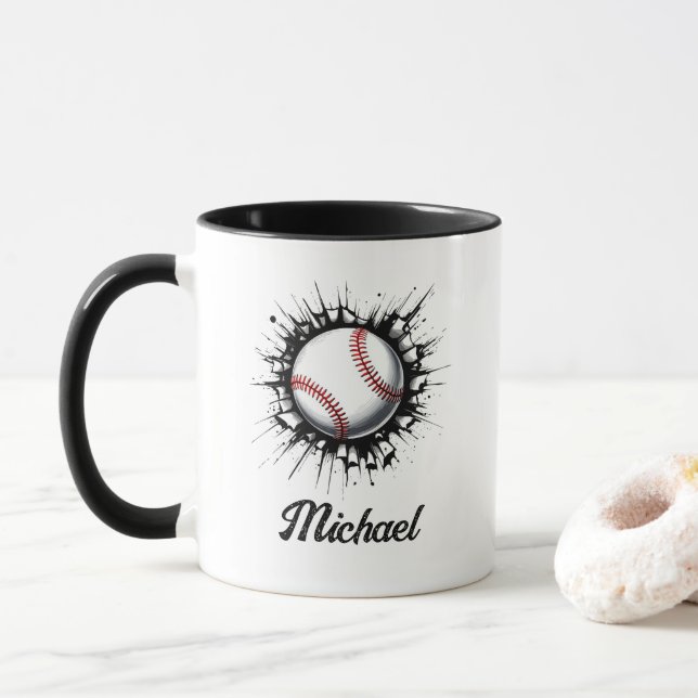 Personalized Baseball Ball Breaking Through Wall   Mug (With Donut)