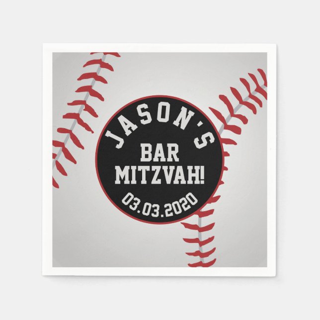 Personalized Baseball Bar Mitzvah Red Black Napkins (Front)