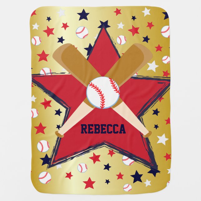 Personalized Baseball Bats Ball and Stars Gold Baby Blanket (Front)