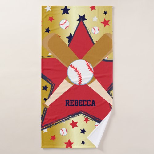 Personalized Baseball Bats Ball and Stars Gold Bath Towel
