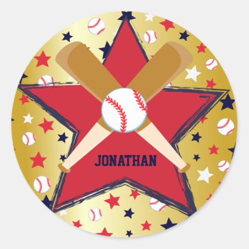 Personalized Baseball Bats Ball and Stars Gold Classic Round Sticker