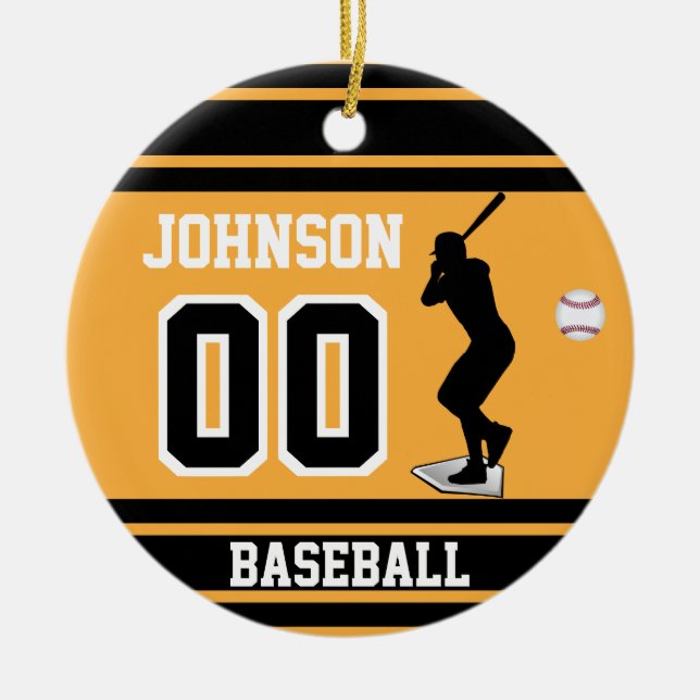 Personalized Baseball Batter | Gold and Black Ceramic Ornament (Front)