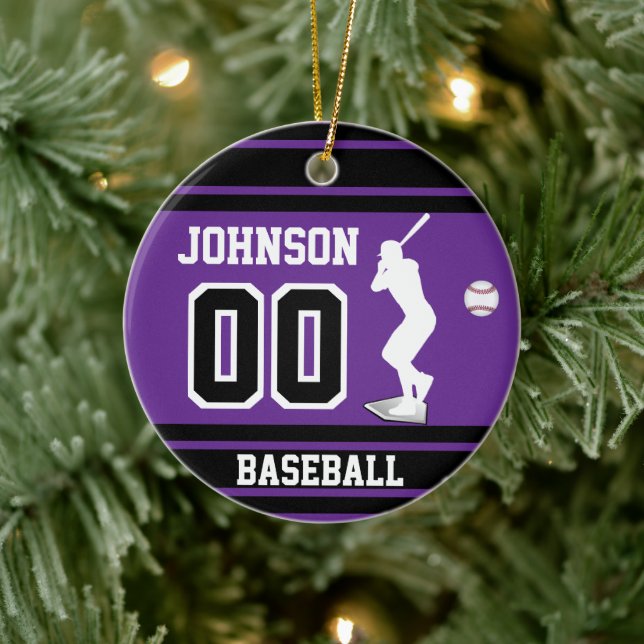 Personalized Baseball Batter | Purple Ceramic Ornament (Tree)