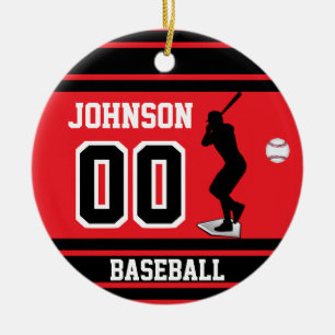 Personalized Baseball Batter   Red and Black Ceramic Ornament