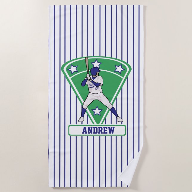 Personalized Baseball Batter Star blue Beach Towel (Front)