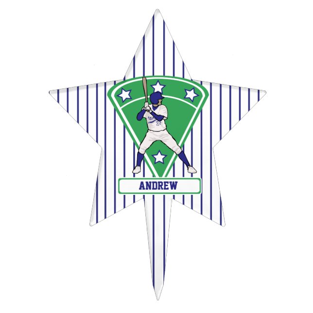 Personalized Baseball Batter Star Blue Cake Topper (Front)