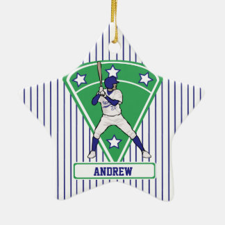 Personalized Baseball Batter Star Blue Ceramic Ornament