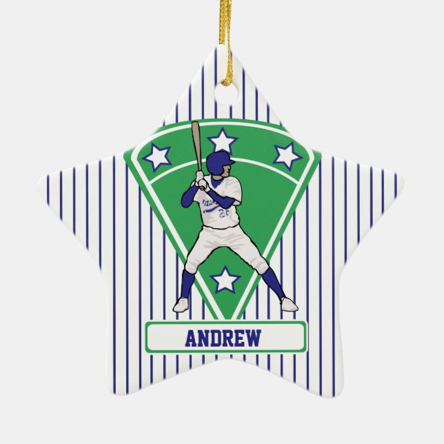 Personalized Baseball Batter Star Blue Ceramic Ornament (Back)