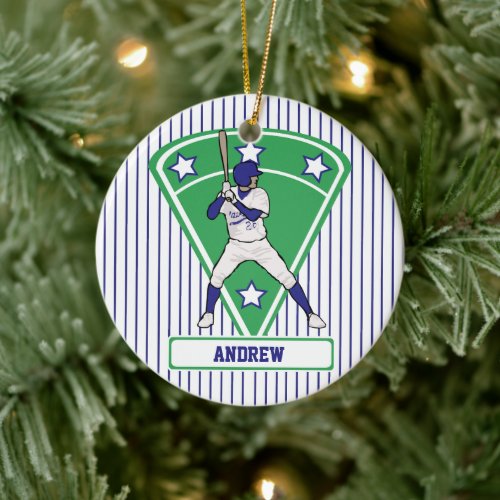 Personalized Baseball Batter Star Blue Ceramic Ornament