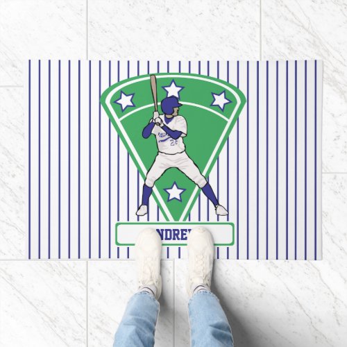 Personalized Baseball Batter Star Blue Doormat