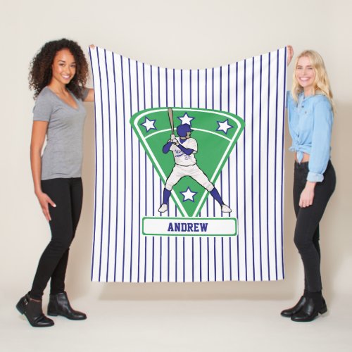 Personalized Baseball Batter Star Blue Fleece Blanket