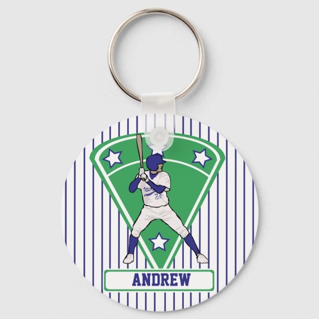Personalized Baseball Batter Star Blue Keychain (Front)