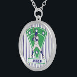Personalized Baseball Batter Star Blue Silver Plated Necklace<br><div class="desc">Personalized blue and white baseball star design showing a batter taking a swing in a blue and white baseball jersey uniform with a green baseball field green diamond with blue and white stars in the background. This can be fully personalized with the name of your choice. Available in other colors...</div>