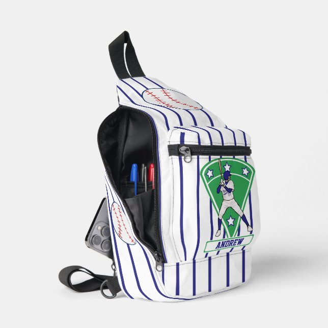 Personalized Baseball Batter Star blue Sling Bag (Open)