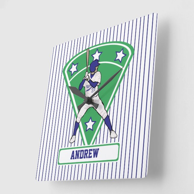 Personalized Baseball Batter Star Blue Square Wall Clock (Angle)