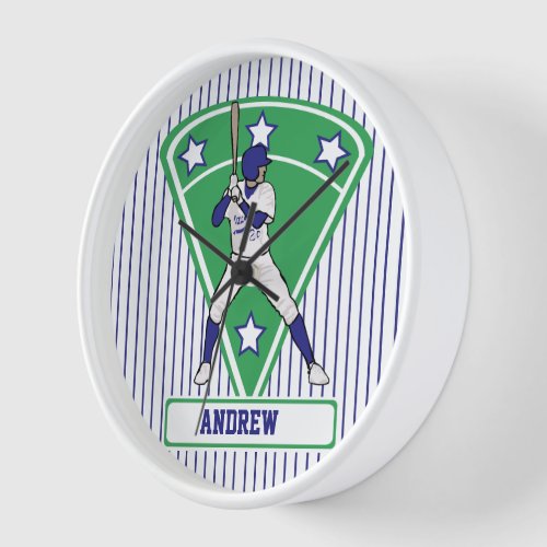 Personalized Baseball Batter Star Blue Wall Clock