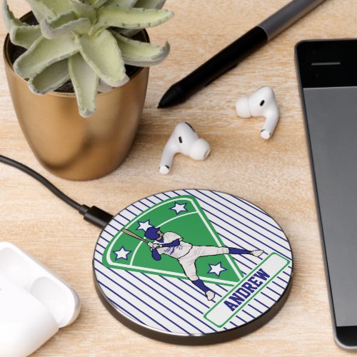 Personalized Baseball Batter Star Blue Wireless Charger