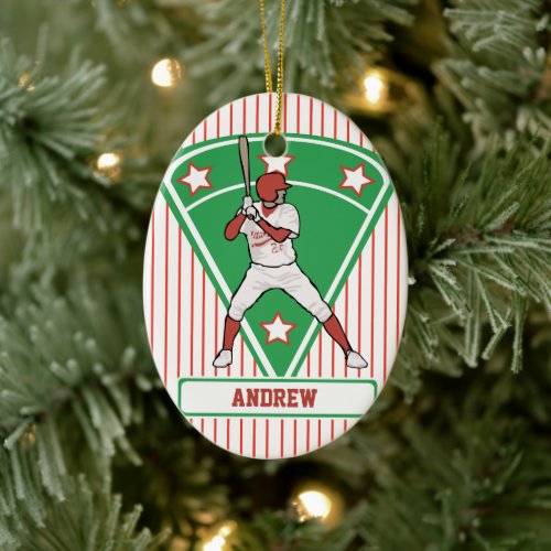 Personalized Baseball Batter Star Red Ceramic Ornament