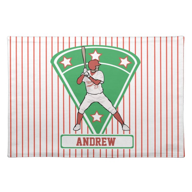 Personalized Baseball Batter Star Red Cloth Placemat (Front)
