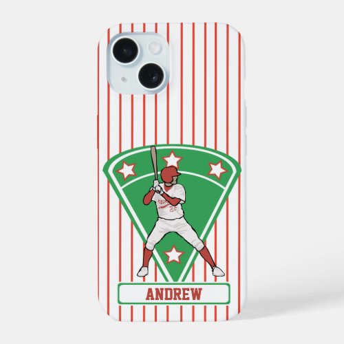Personalized Baseball Batter Star Red iPhone 15 Case