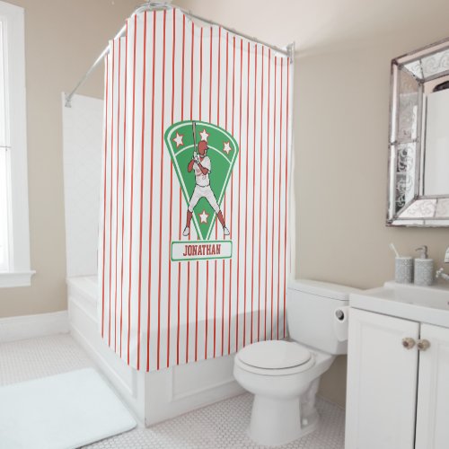 Personalized Baseball Batter Star Red Shower Curtain