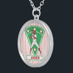 Personalized Baseball Batter Star Red Silver Plated Necklace<br><div class="desc">A personalized baseball design featuring a baseball batter taking a swing in a red and white baseball jersey uniform with a green baseball field green diamond design with red and white stars in the background on a pattern of red and white stripes. This can be fully personalized with the name...</div>