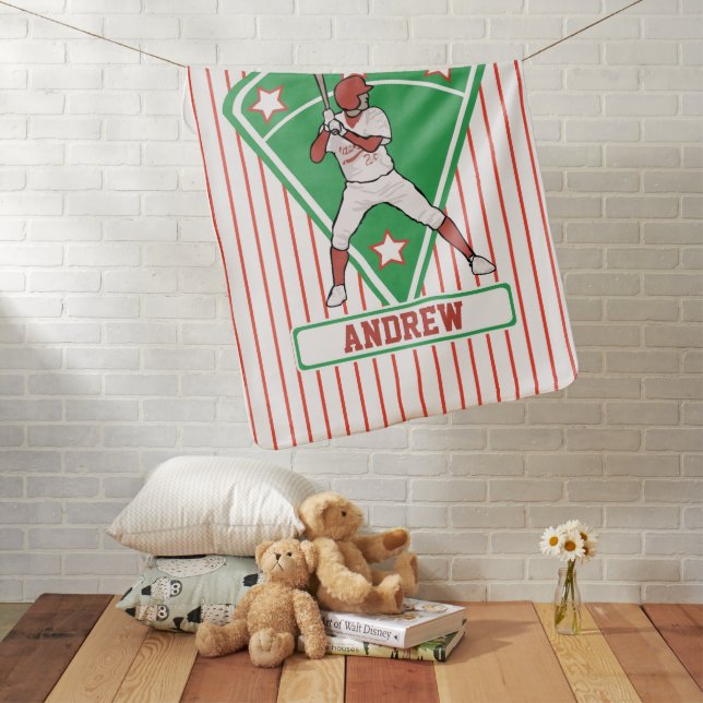 Personalized Baseball Batter Star Red Swaddle Blanket (In Situ)