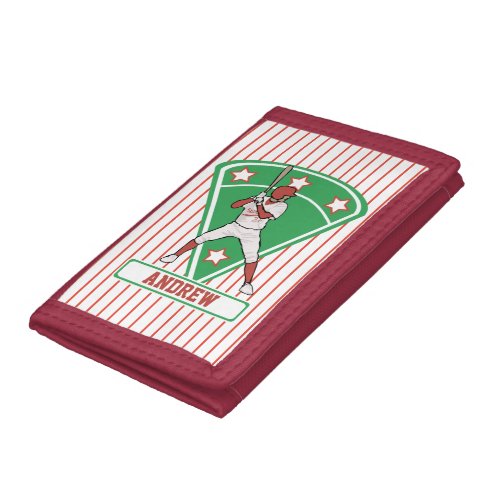 Personalized Baseball Batter Star Red Trifold Wallet