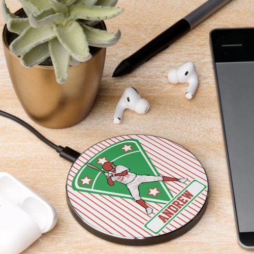 Personalized Baseball Batter Star Red Wireless Charger