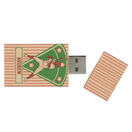 Personalized Baseball Batter Star Red Wood Flash Drive