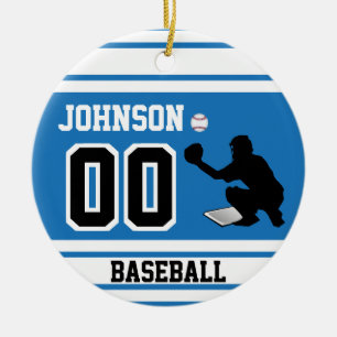 Personalized Baseball Catcher Blue and White Ceramic Ornament