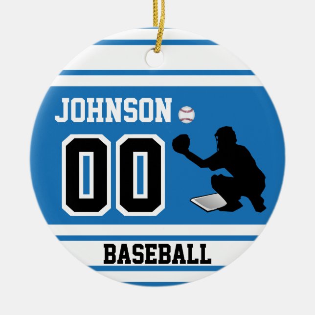 Personalized Baseball Catcher | Blue and White Ceramic Ornament (Front)