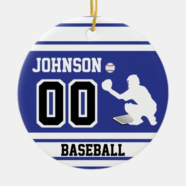 Personalized Baseball Catcher | Dark Blue & Black Ceramic Ornament (Front)