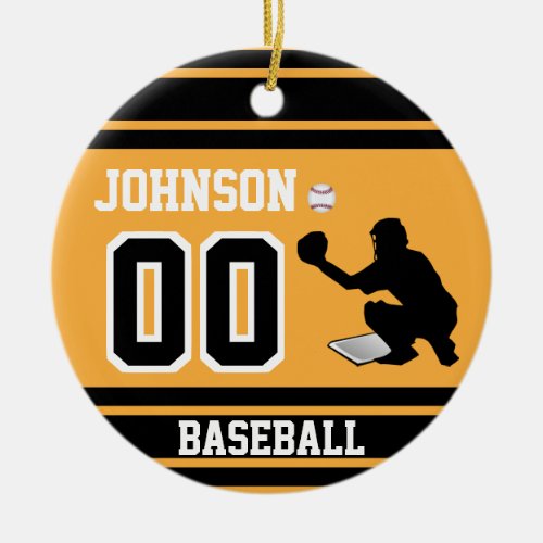 Personalized Baseball Catcher  Gold and Black Ceramic Ornament