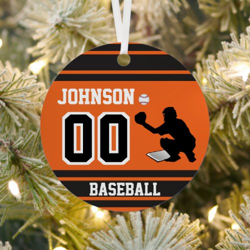Personalized Baseball Catcher  Orange and Black 2 Metal Ornament