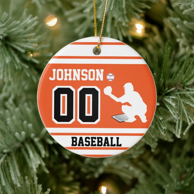 Personalized Baseball Catcher | Orange & Black Ceramic Ornament (Tree)
