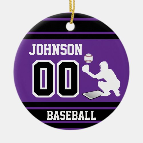 Personalized Baseball Catcher  Purple and Black Ceramic Ornament