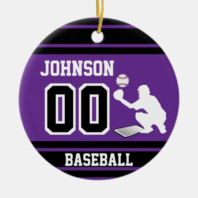 Personalized Baseball Catcher | Purple and Black Ceramic Ornament (Front)