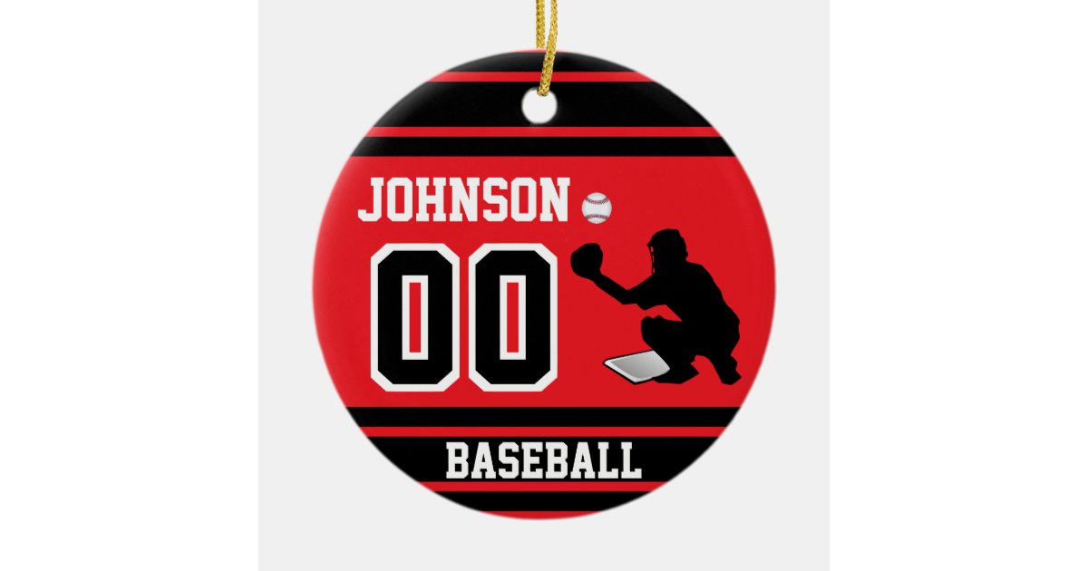 Personalized Baseball Catcher Red and Black Ceramic Ornament Zazzle